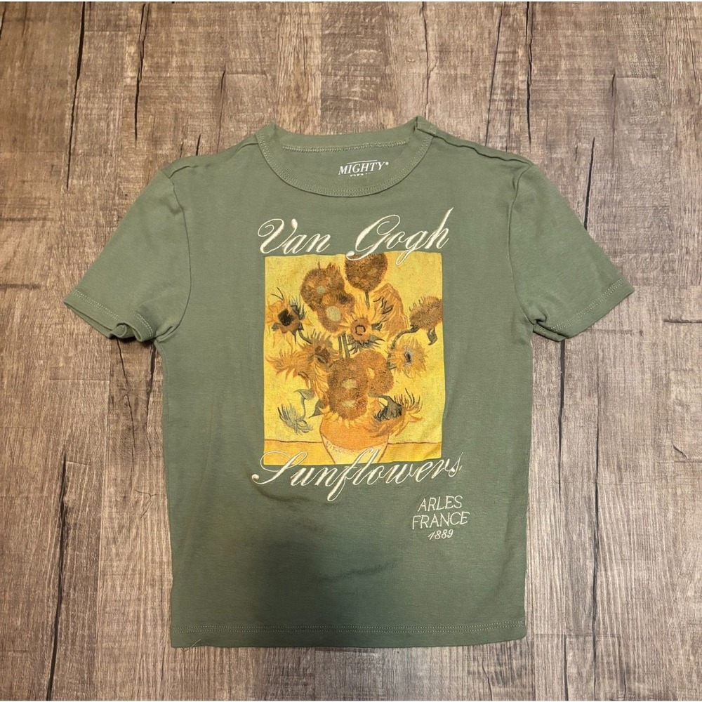 Mighty Fine Van Gogh Sunflowers‎ Graphic Tee XS Green Artsy Shirt
